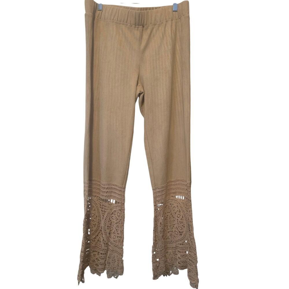 Solitaire Suede Feel Tan Crochet Bottom Pant Leg Women's Pants L NWT